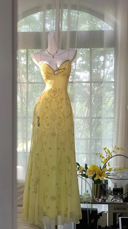 Shiny Yellow Sequined Sweetheart Chiffon A-Line Prom Dress Evening Dress HZ1024