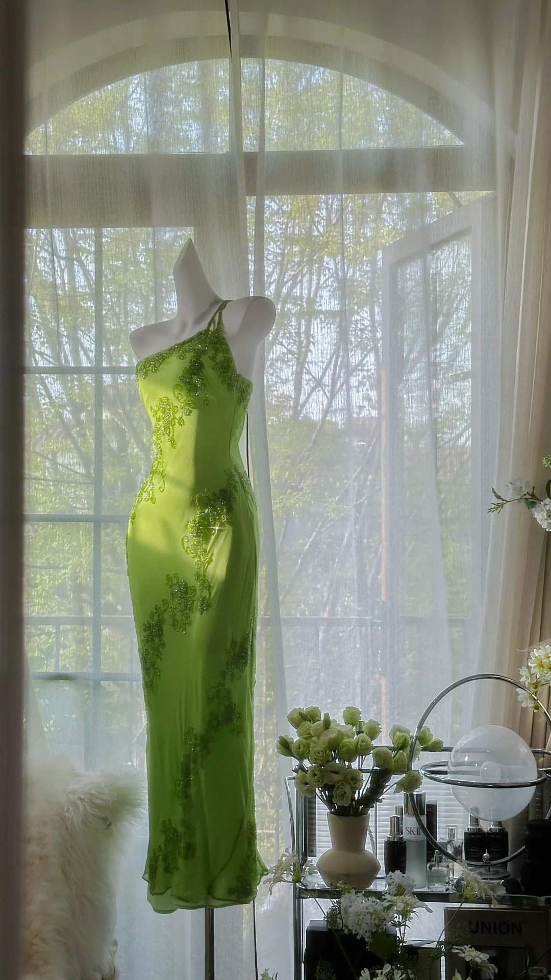 Fresh Green One Shoulder Chiffon Beaded Mermaid Evening Gown Formal Dresses Long