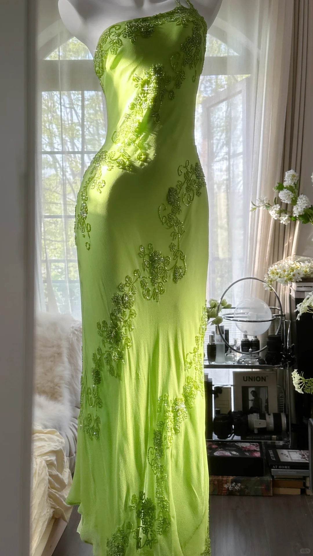 Fresh Green One Shoulder Chiffon Beaded Mermaid Evening Gown Formal Dresses Long