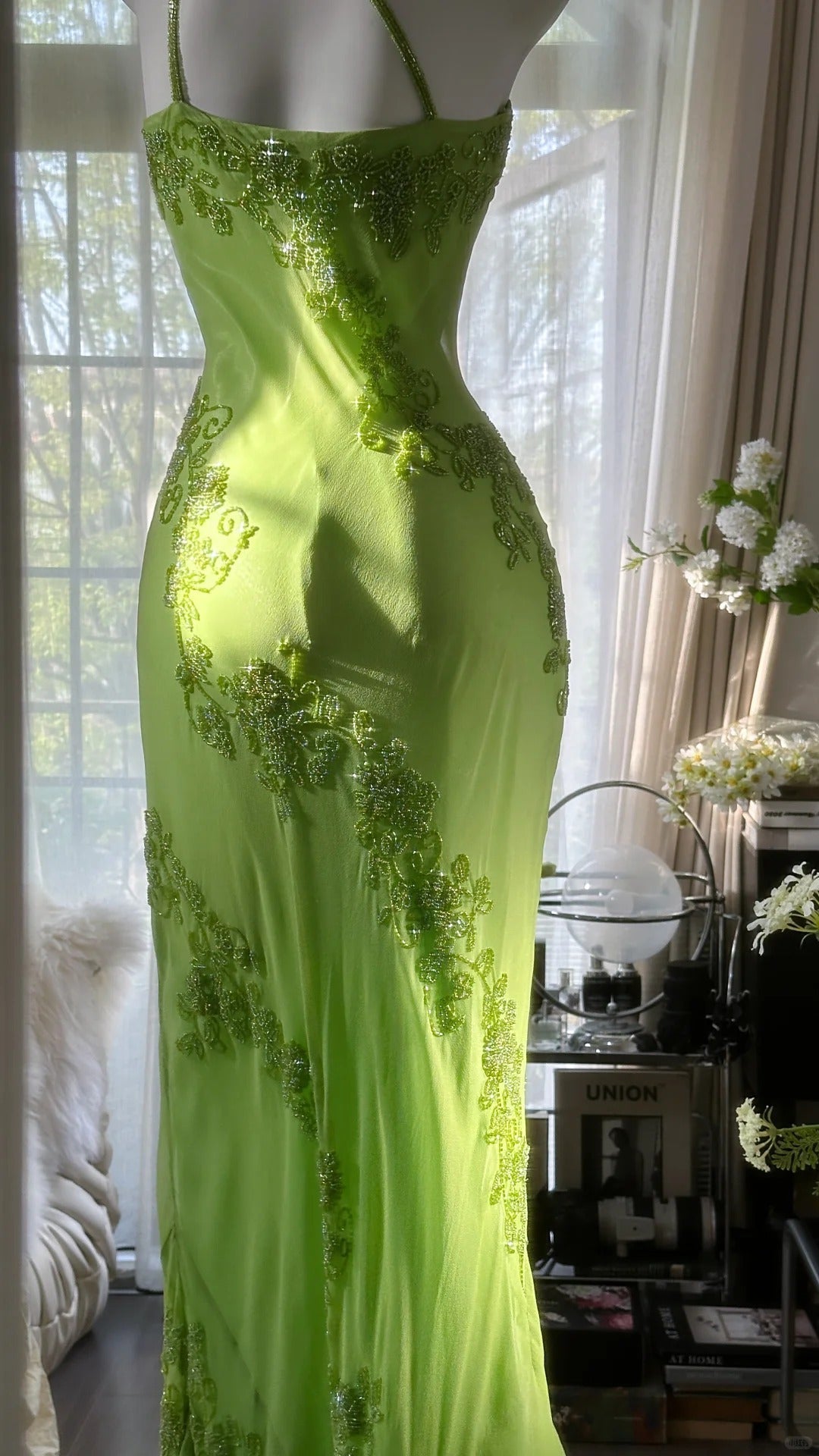 Fresh Green One Shoulder Chiffon Beaded Mermaid Evening Gown Formal Dresses Long