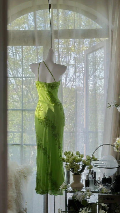 Fresh Green One Shoulder Chiffon Beaded Mermaid Evening Gown Formal Dresses Long