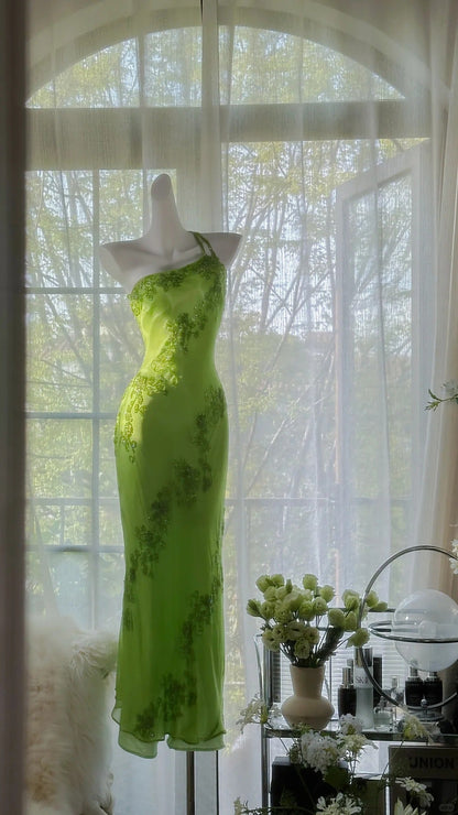 Fresh Green One Shoulder Chiffon Beaded Mermaid Evening Gown Formal Dresses Long