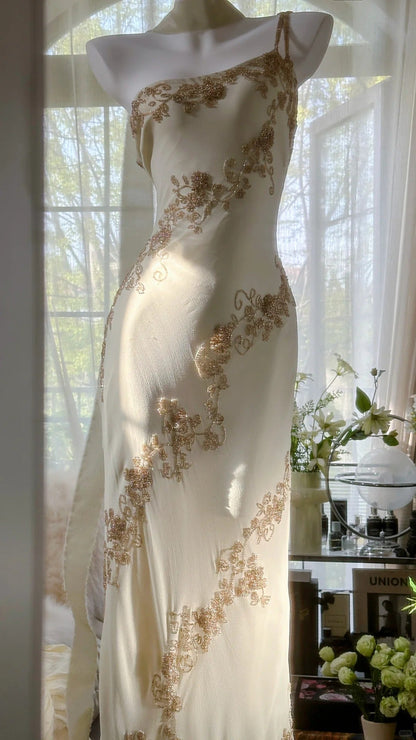 Flowy One Shoulder Chiffon Beaded Elegant Prom Dress Formal