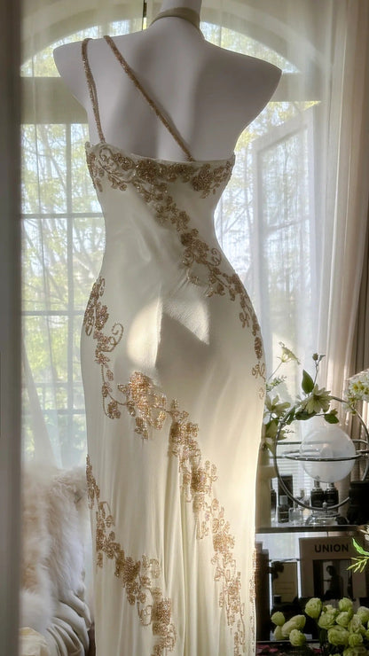 Flowy One Shoulder Chiffon Beaded Elegant Prom Dress Formal