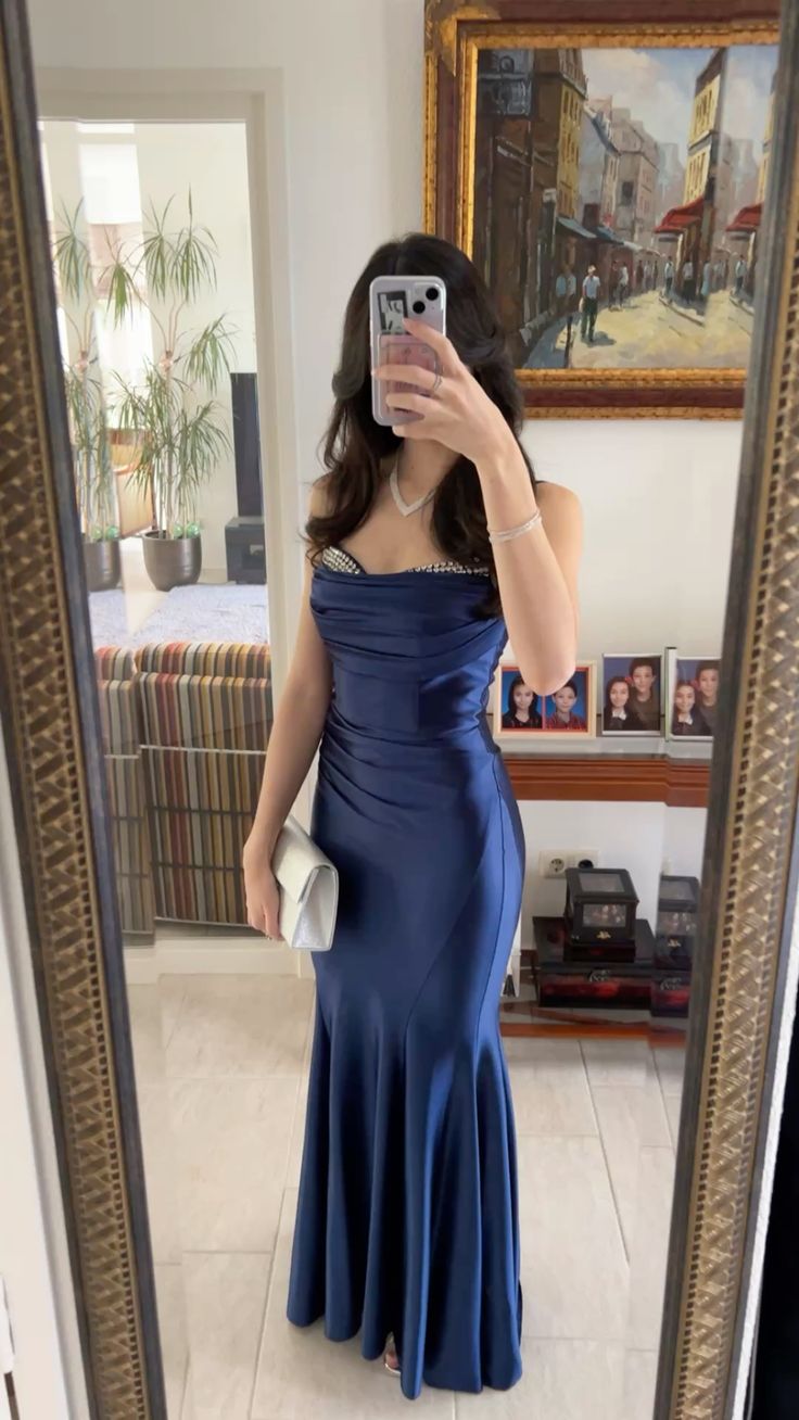 Elegant Navy Blue Mermaid Satin Long Prom Dress Evening Dress cc5031