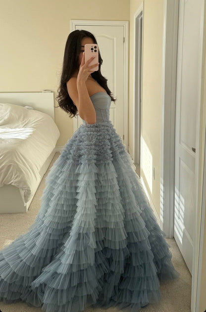Dreamy Gray-blue A-line Strapless Layered Tulle Long Prom Dress Evening Dress cc5033