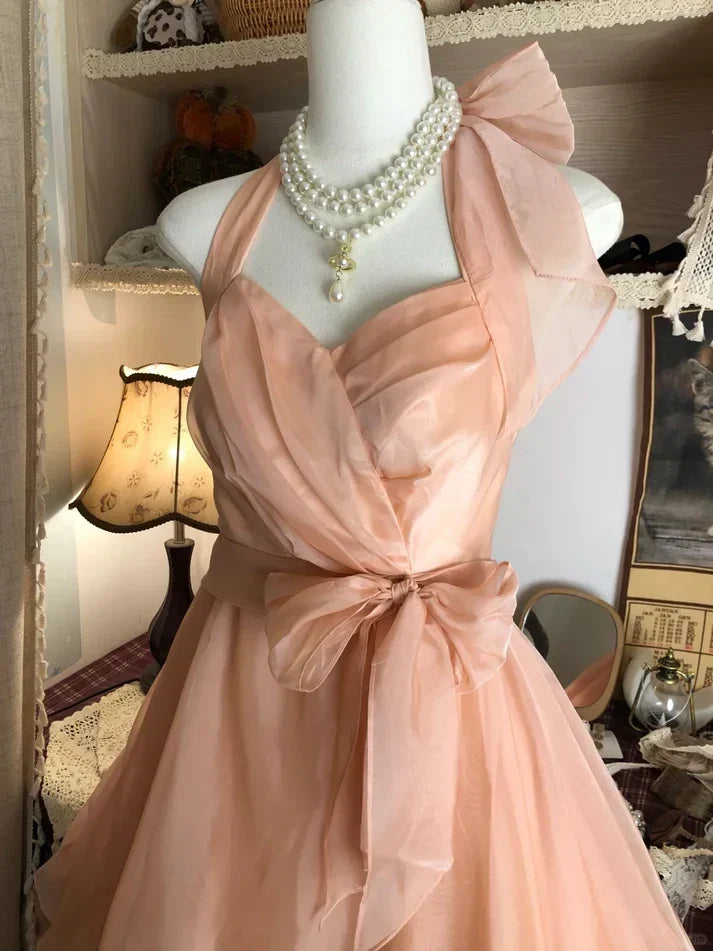 Vintage Champagne Sweetheart Halter Dress Design A-line Chiffon Party Dress Homecoming Dress HZ1024