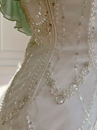 Gorgeous Shiny Beaded Spaghetti Strap Ruffles Chiffon Mermaid Prom Dress Evening Dress HZ1024