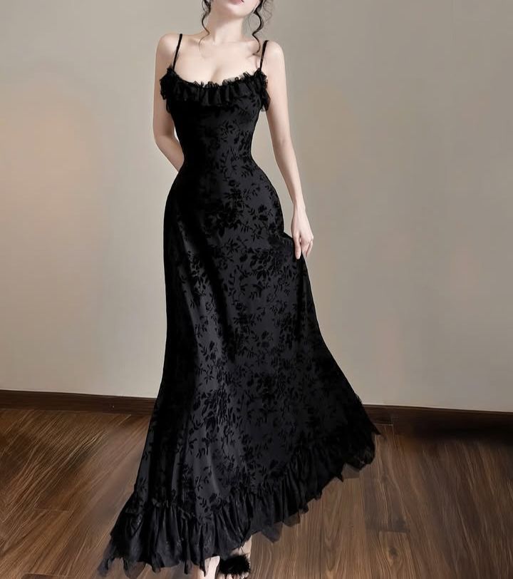 Vintage Black Mermaid Thin Strap Velvet Jacquard Long Prom Dress Evening Dress cc5050