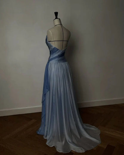 Elegant Blue Gradient A-line V-neck Spaghetti Strap Pleated Tulle Long Prom Dress Evening Dress cc5055