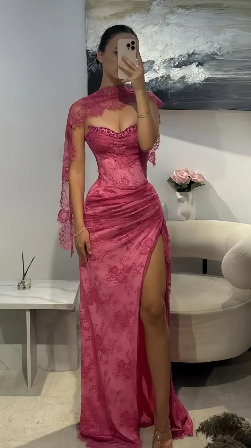 Vintage Pink Mermaid Strapless High-Slit Lace Long Prom Dress Evening Dress cc5065