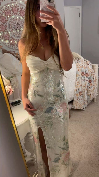 Elegant Mermaid Print V-neck Sequined Long Prom Dress Evening Dress cc5067