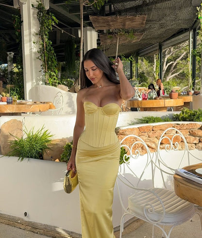 Elegant Yellow Mermaid Strapless Waist-cinching Satin Long Prom Dress Evening Dress cc5070