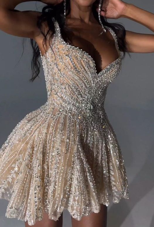 Vintage Silvery Shiny Beaded A-Line Short Party Dress Cocktail Dress Homecoming Dress HZ1024