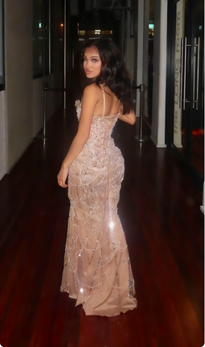 Luxurious Nude Gold Mermaid Deep V Halter Beaded Sequined Long Prom Dress Evening Dress cc5071