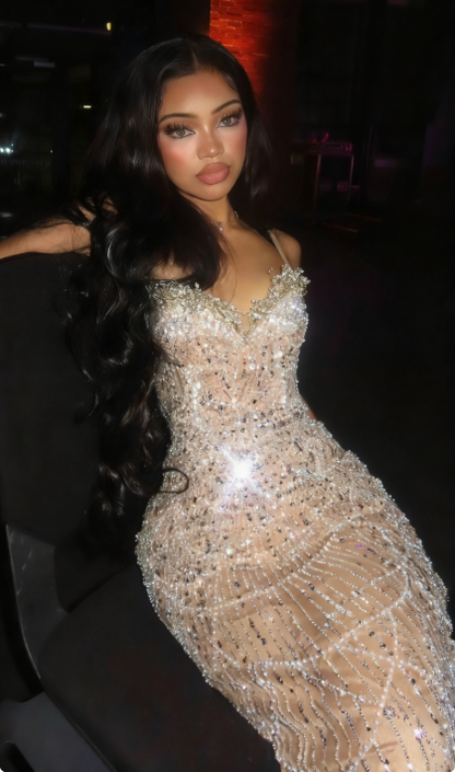 Luxurious Nude Gold Mermaid Deep V Halter Beaded Sequined Long Prom Dress Evening Dress cc5071