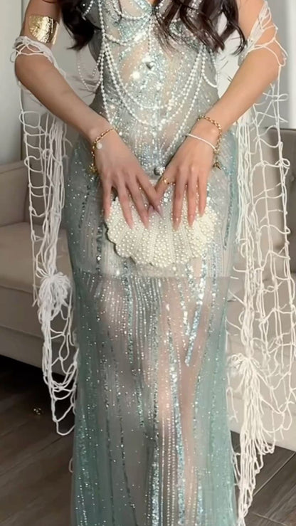 Sexy Light Mint Green Mermaid V-neck Pearl Chain Sequined Long Prom Dress Evening Dress cc5072