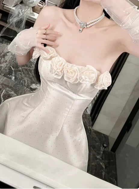Retro Beige Sequin 3D Floral Strapless Design A-line Party Dress Homecoming Dress HZ1024