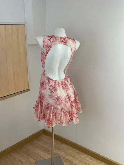 Cute Pink Floral Backless Design A-line Party Dress Homecoming Dress HZ1024