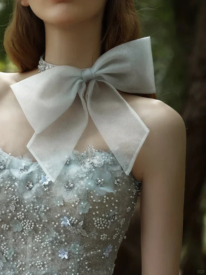 Sweet Light Blue Pearl Sequin Feather Slim Birthday Party Homecoming Dress cc4373