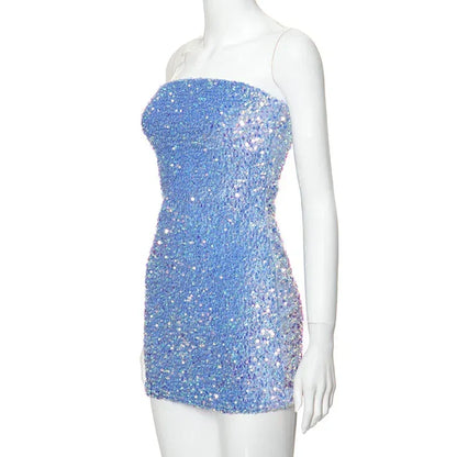 Retro Sparkling Blue Strapless Sequin Design Bodycon Party Dress Homecoming Dress HZ1024