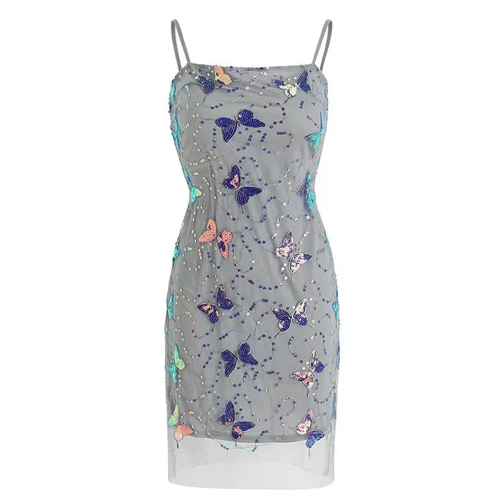 Elegant Sparkling Light Blue Spaghetti Strap Sequin Butterfly Design Sheath Chiffon Party Dress Homecoming Dress HZ1024