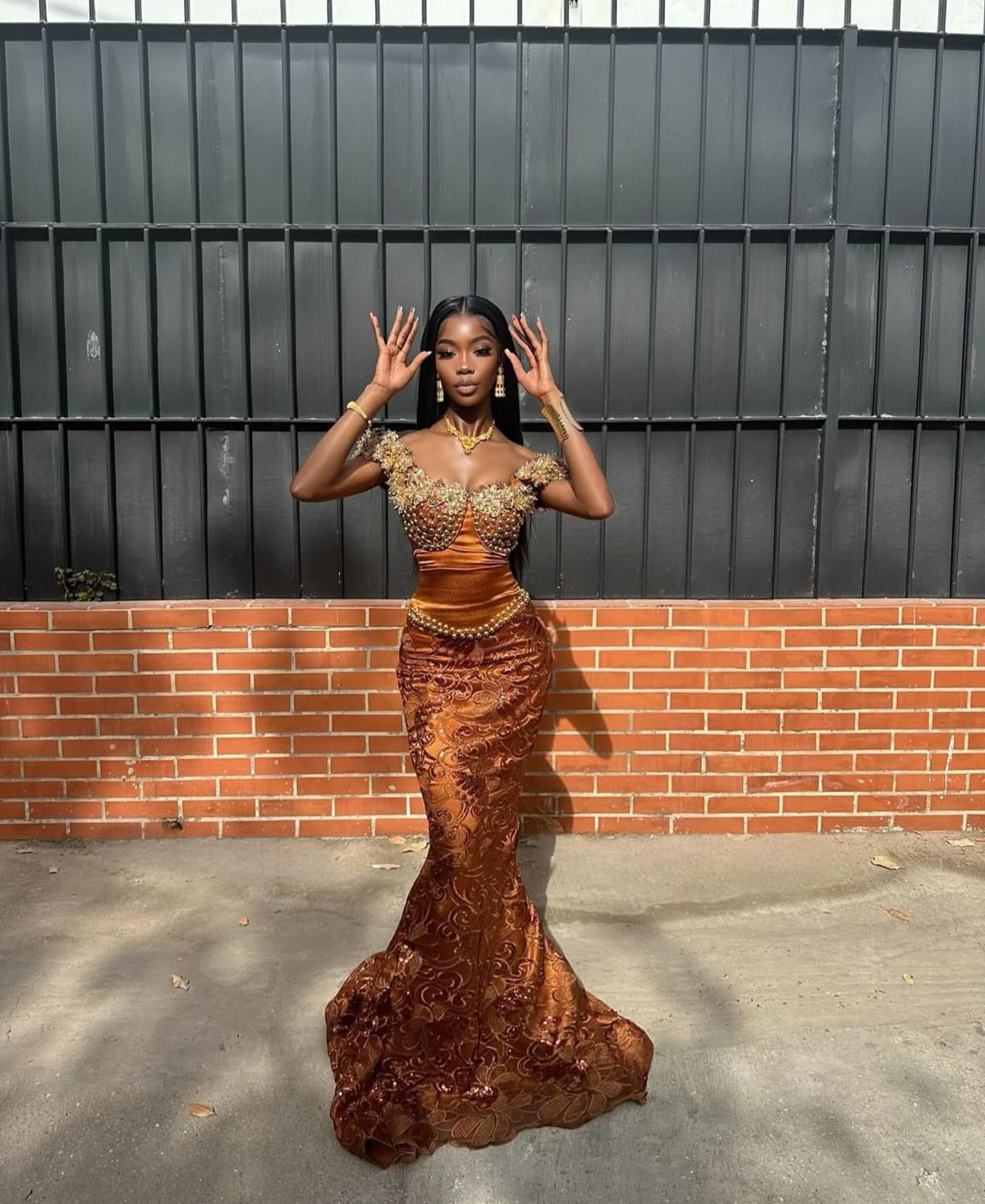 Luxurious Gold-Bronze Off-The-Shoulder Beaded Jacquard Mermaid Long Prom Dress Evening Dress cc5078