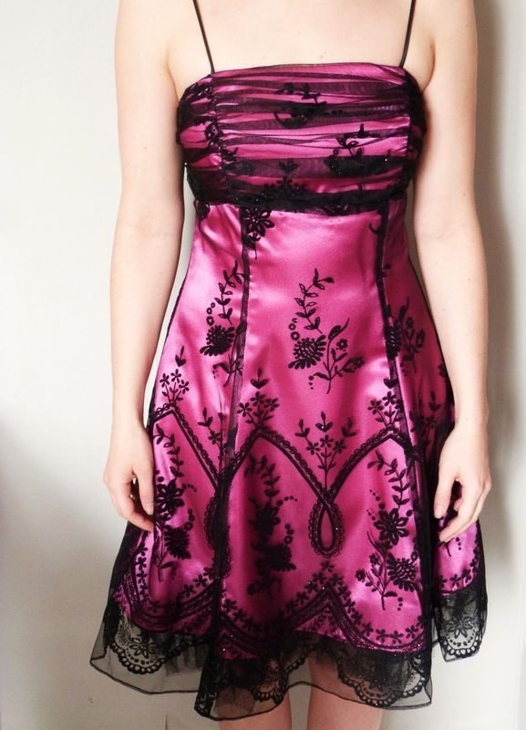 Vintage Black Tulle Lace Pink Satin A-line Birthday Short Skirt Homecoming Dress cc3660