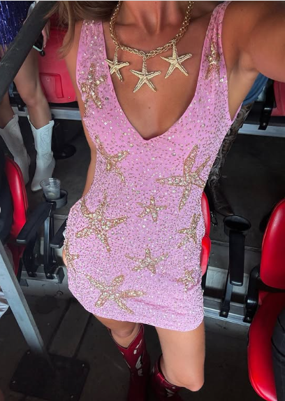 Sexy V-neck Starfish Sequins Pink Waisted Birthday Short Skirt Homecoming Dress cc3708