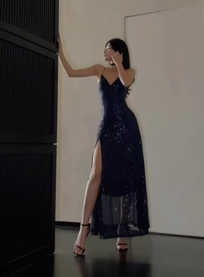Sexy Navy Blue V-Neck Crisscross Strap High Slit Sequined Tulle Long Prom Dress Evening Dress cc5091