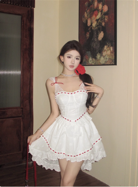 Princess Lace Stitching White Sling Waist Cake Birthday Skirt Homecoming Dress cc3757