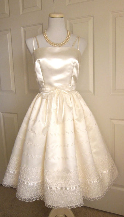 Cute Ivory Strappy Satin Lace Trim A-line Birthday Dress Homecoming Dress cc3766
