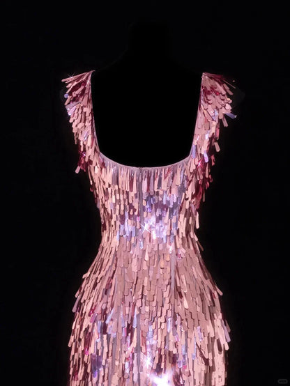 Gorgeous Pink Square Neck Sequin Tassel Slim Birthday Party Homecoming Dress cc4393