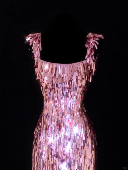 Gorgeous Pink Square Neck Sequin Tassel Slim Birthday Party Homecoming Dress cc4393