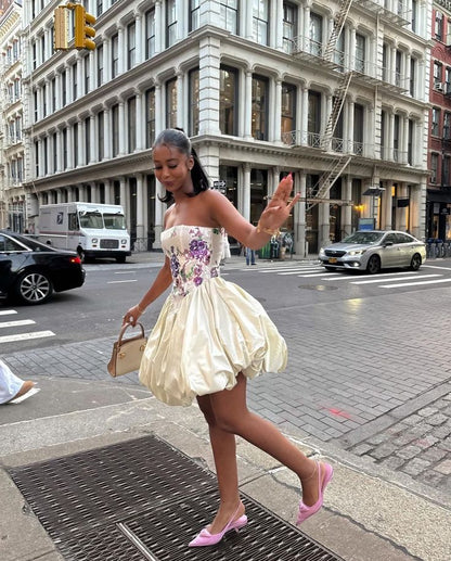 Elegant Embroidered Ivory Strapless Satin Flower Bud Birthday Dress Homecoming Dress cc3785