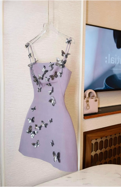 Charming Purple Butterfly Strap Satin 17th Birthday Homecoming Dress cc3800