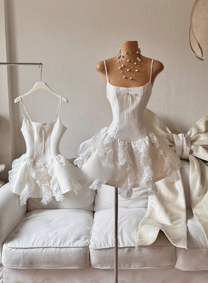Sweet White Bow Satin Lace Ruffled 17th Birthday Homecoming Dress cc3801