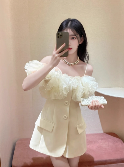 Designer Suit Ruffled Satin Suspenders Birthday Skirt Homecoming Dress cc3802