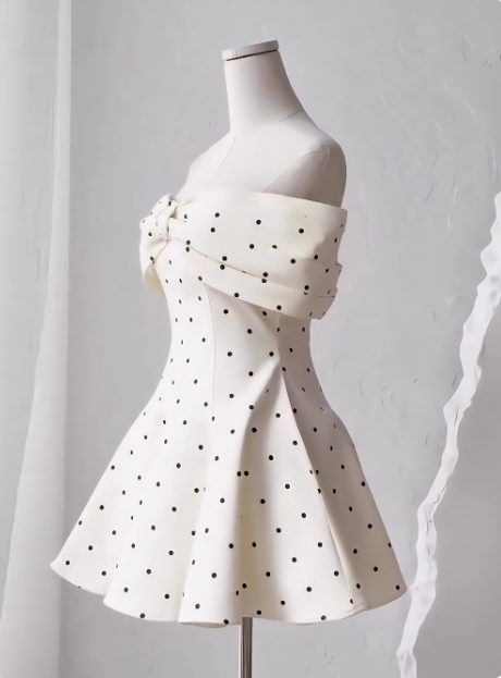 Sweet One-shoulder Bow Satin Polka Dot Puffy Birthday Skirt Homecoming Dress cc3804