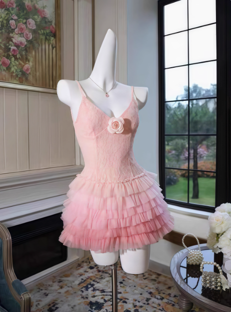 Cute Gradient Pink Lace V-neck Princess Puffy Birthday Skirt Homecoming Dress cc3812