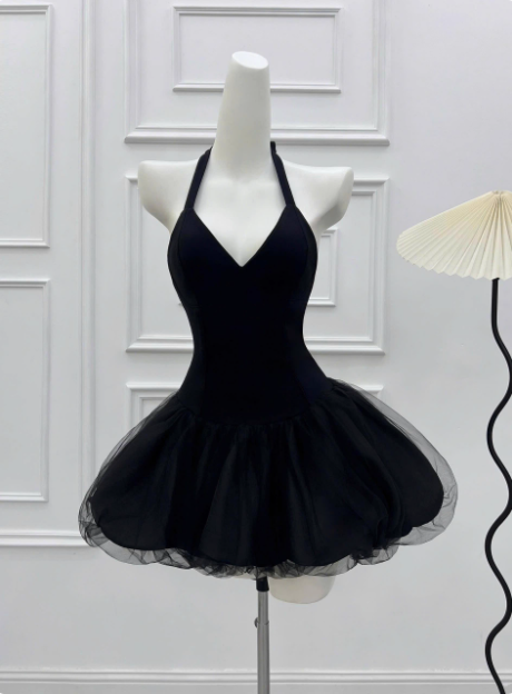 Beautiful Halterneck Black Mesh Splicing Puffy Birthday Dress Homecoming Dress cc3815