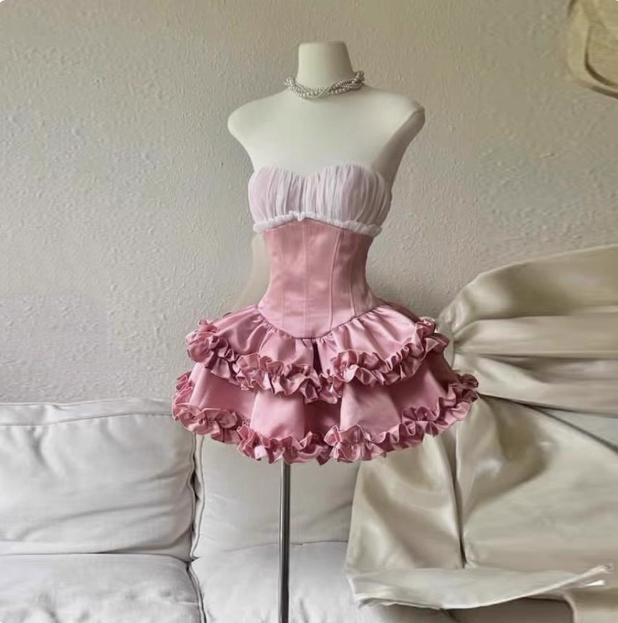 Princess Tube Top Fishbone Waist Ruffled Puffy Birthday Skirt Homecoming Dress cc3817