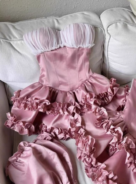 Princess Tube Top Fishbone Waist Ruffled Puffy Birthday Skirt Homecoming Dress cc3817