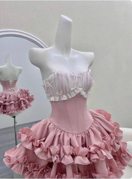 Vintage Pink Sweetheart Ruffle A-Line Tiered Short Party Dress Cocktail Dress Homecoming Dress HZ1024