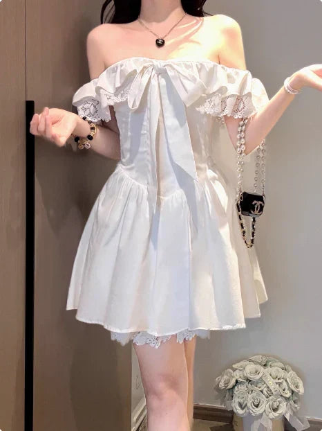 Vintage White Off-the-shoulder A-Line Lace Short Party Dress Cocktail Dress Homecoming Dress HZ1024