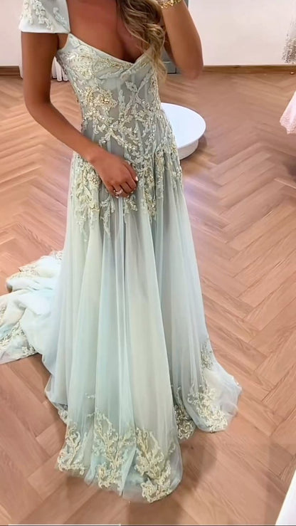 Elegant Light Mint Green V-Neck Embroidered Tulle Train Prom Dress Evening Dress cc5104