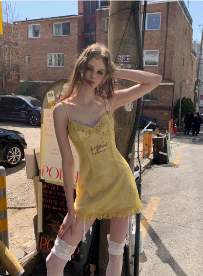 Vintage Yellow Bow Embroidered Waist Suspenders 17th Birthday Homecoming Dress cc3883