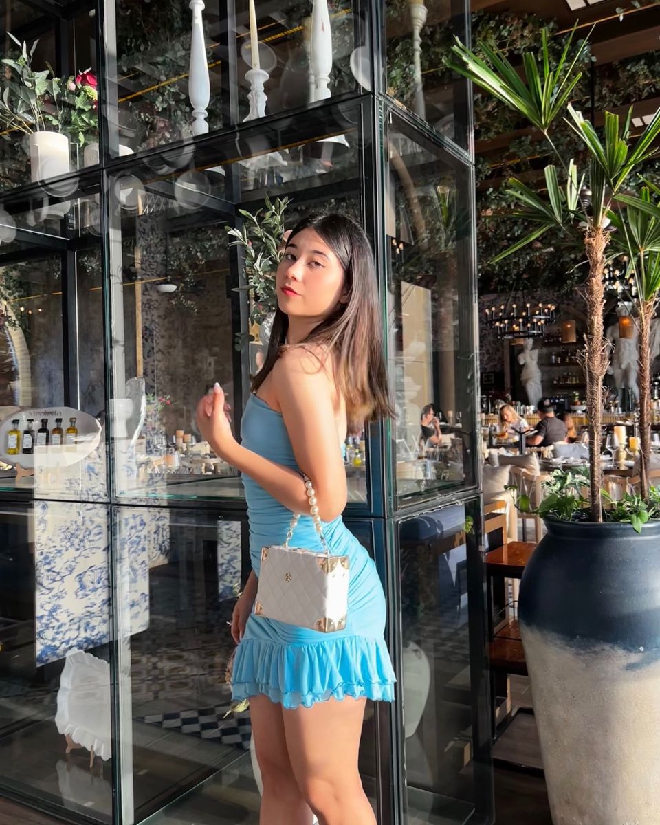Elegant Light Blue Tube Top Pleated Irregular Ruffles Slim Hip Birthday Party Homecoming Dress cc4408