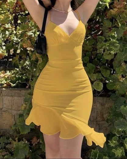 Beautiful Ruffled Yellow Suspenders 17th Birthday Homecoming Dress cc3946