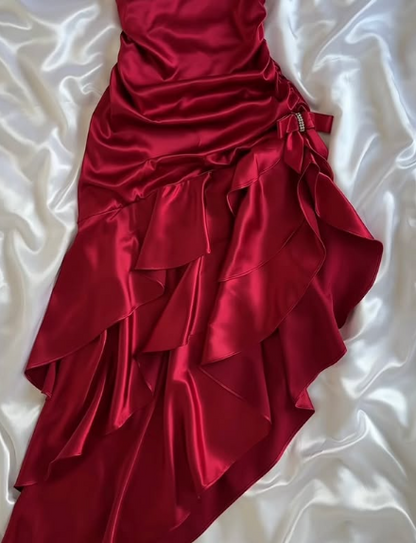 Stunning Red Satin Halter Neck Irregular Birthday Dress Homecoming Dress cc3949